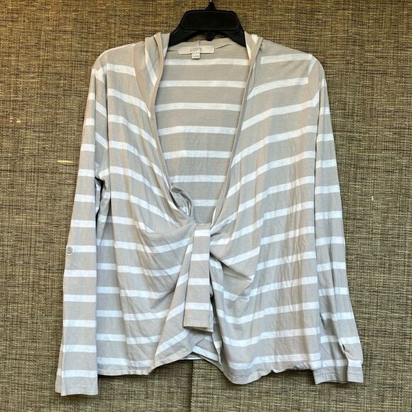 LOFT Beige and White Striped Cardigan - Picture 1 of 4